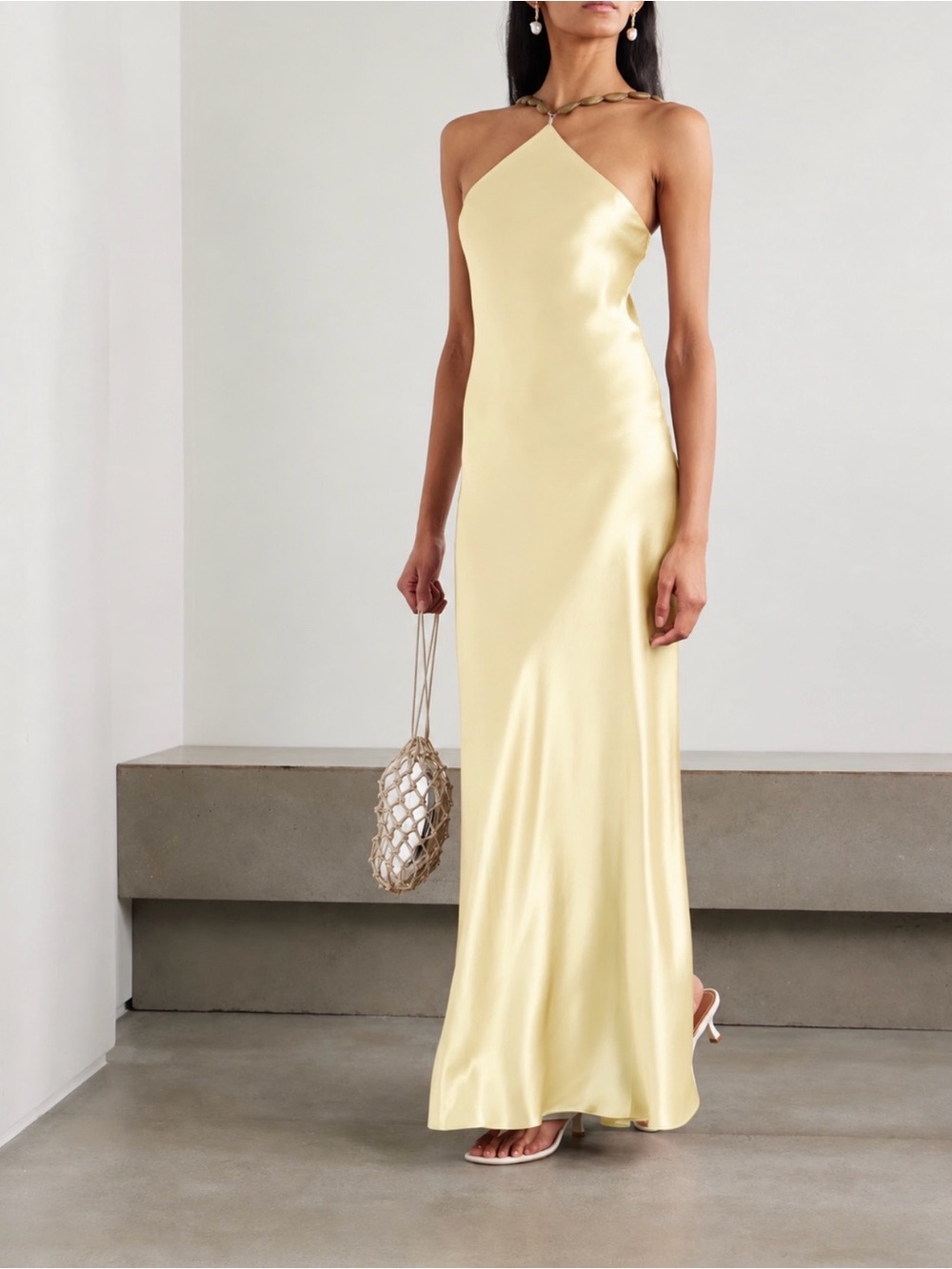 STAUD cadence dress beaded neck yellow satin maxi dress
